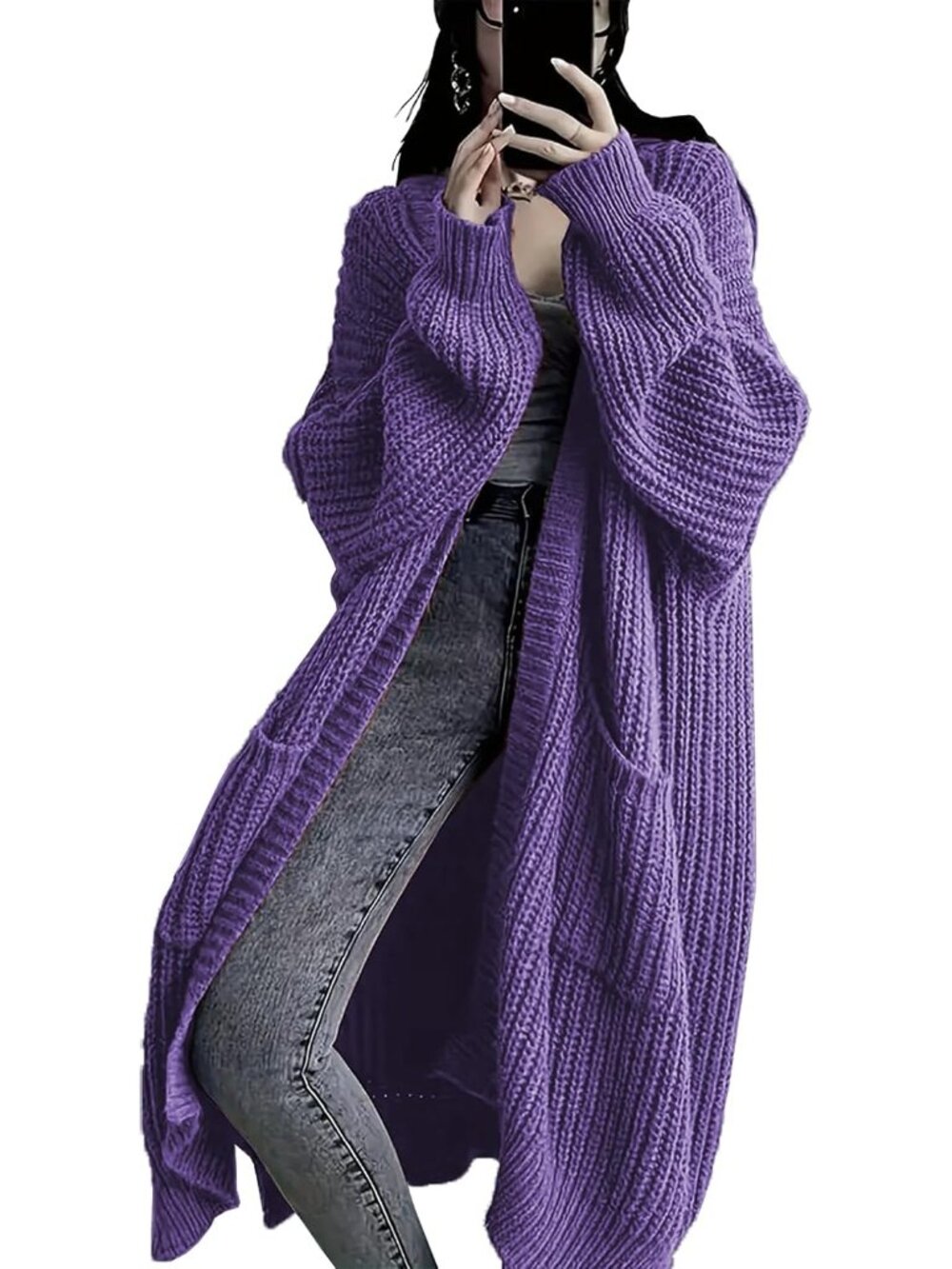 Women Purple Long Cardigan Sweaters Chunky Knit Open Front Pockets Duster Coats